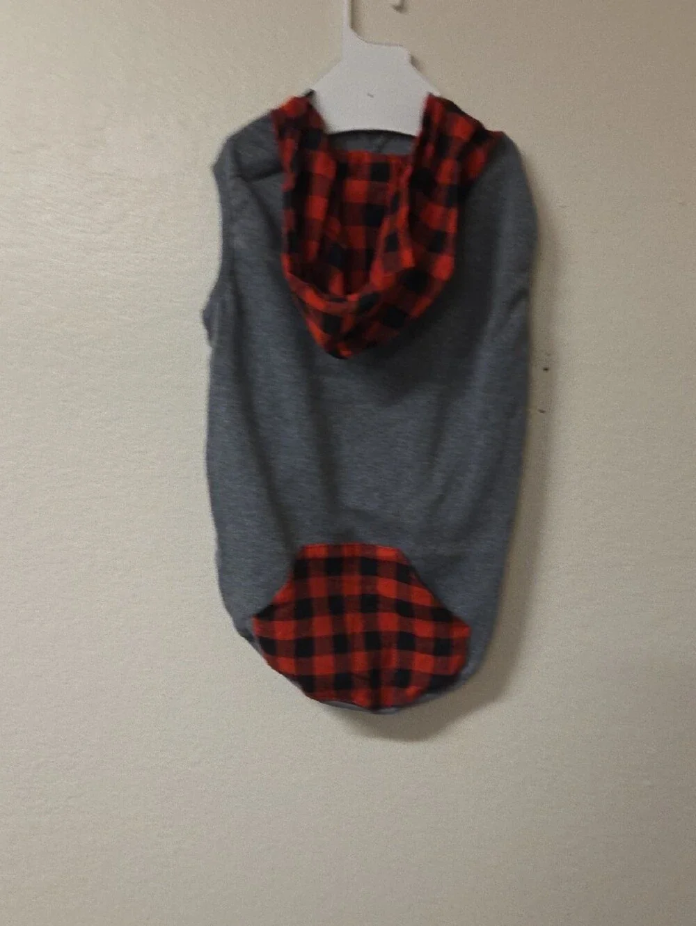 Gray Dog Hoodie with Red Buffalo Plaid Accents